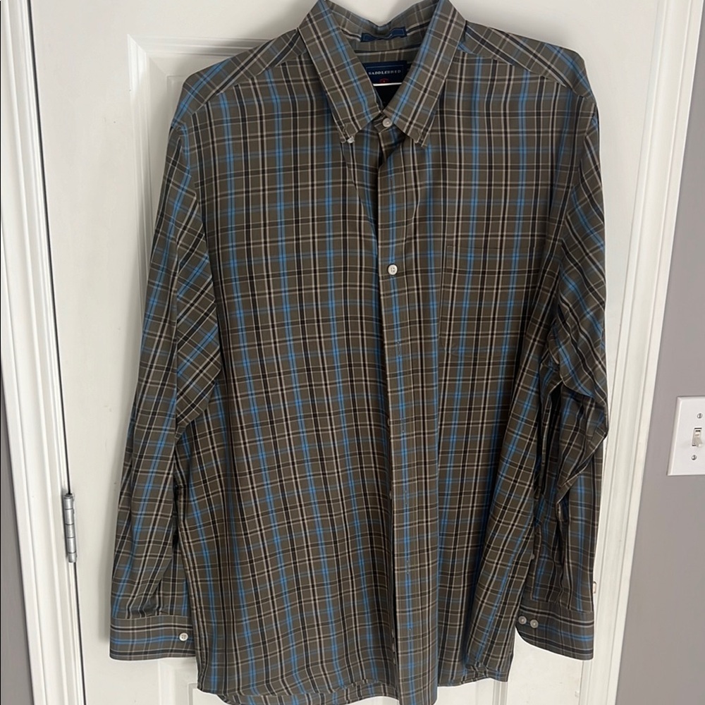 Saddlebred Men's Casual Button Down Shirt - Blue and Brown Plaid